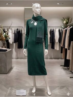 Forest Green Long-Sleeve Knit Midi Dress (on the knees)with Embellished Scarf